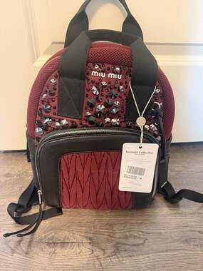Miu Miu Crystal Embellished Matelassé Nylon and Leather Backpack in Burgundy
